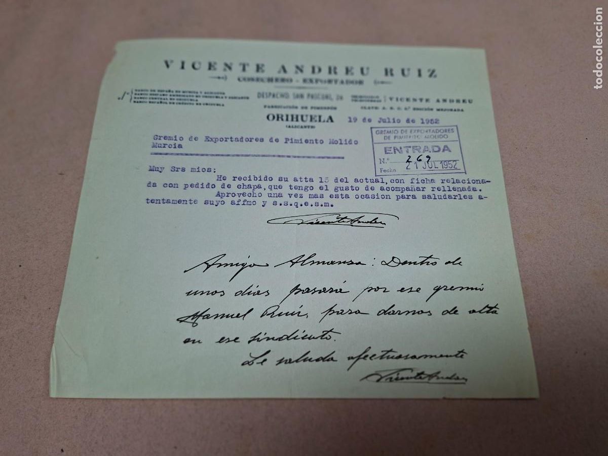 Cartas comerciales: ANTIGUA CARTA COMERCIALANDREU RUIZ COSECHERO ORIHUELA ALICANTE 1952