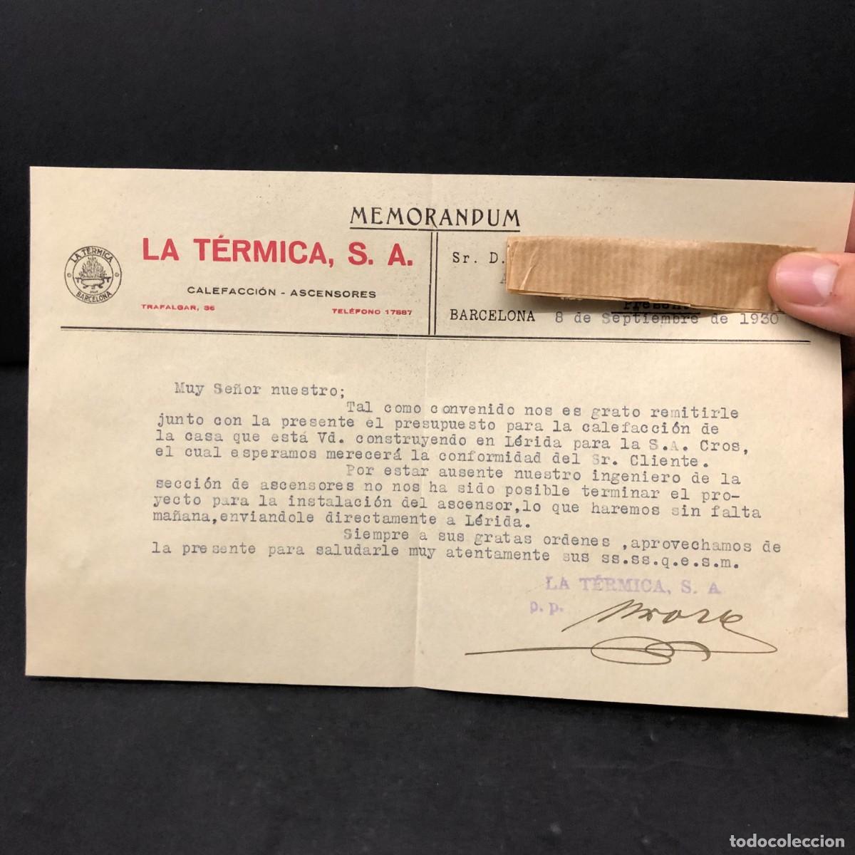 Cartas comerciales: CARTA COMERCIAL - LA T&Eacute;RMICA, S.A. - CALEFACCI&Oacute;N Y ASCENSORES - BARCELONA - MEMORANDUM / 5273
