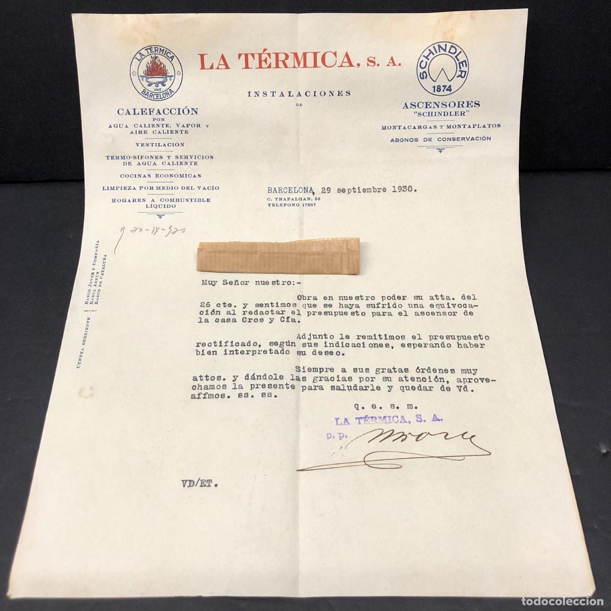 Cartas comerciales: CARTA COMERCIAL - LA T&Eacute;RMICA, S.A. - CALEFACCI&Oacute;N Y ASCENSORES - BARCELONA - 1930 / 5274