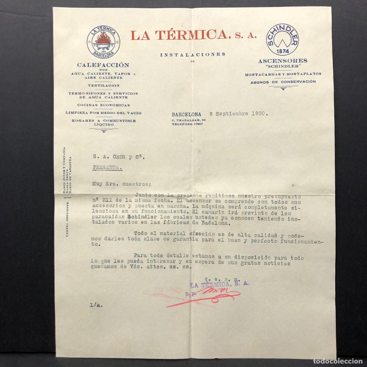 Cartas comerciales: CARTA COMERCIAL - LA T&Eacute;RMICA, S.A. - CALEFACCI&Oacute;N Y ASCENSORES - BARCELONA - 1930 / 5275