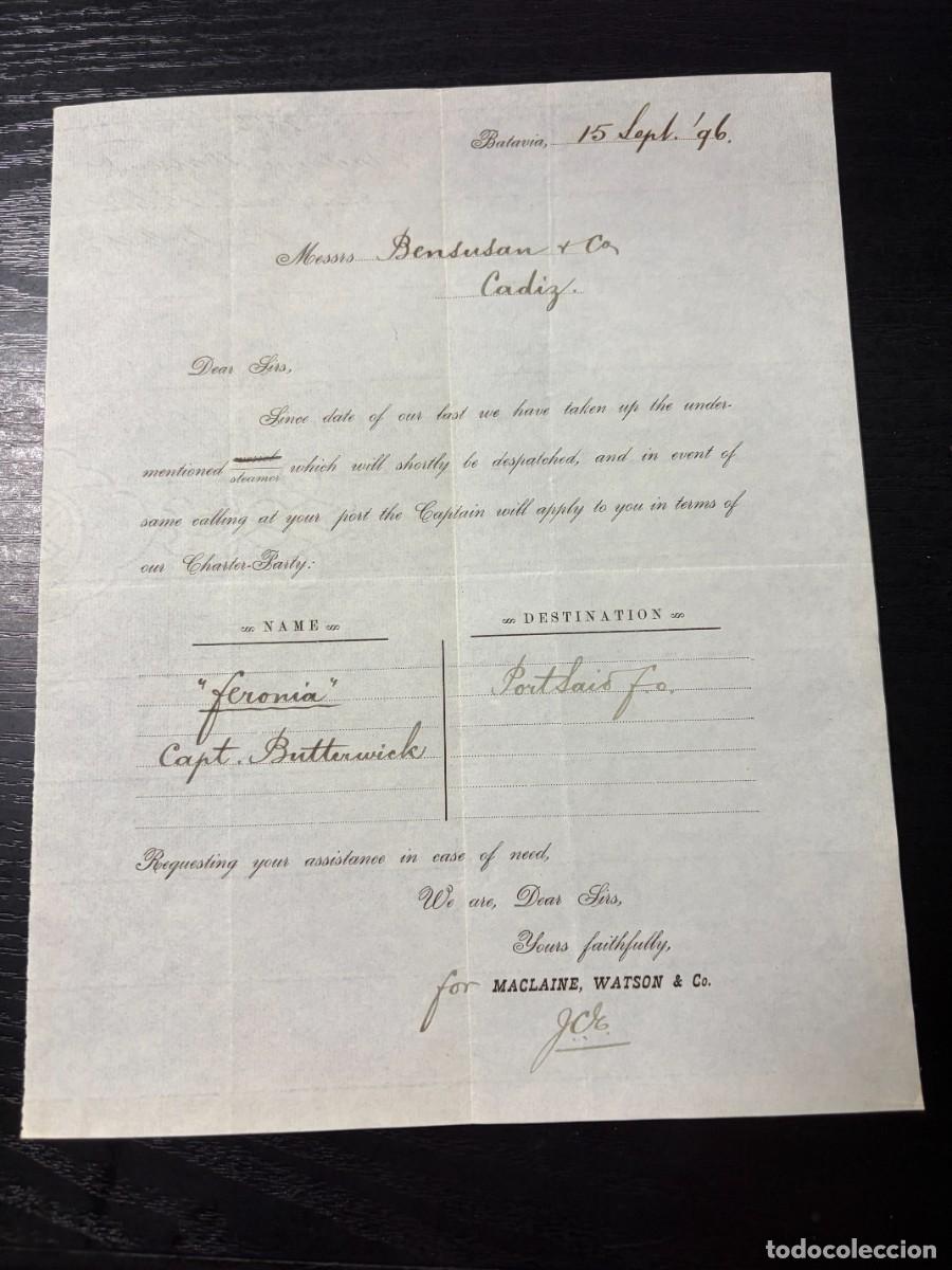 Cartas comerciales: CARTA COMERCIAL MACLAINE, WATSON & CO. &ndash; VAPOR JERONIA &ndash; BATAVIA, INDONESIA &ndash; 1896