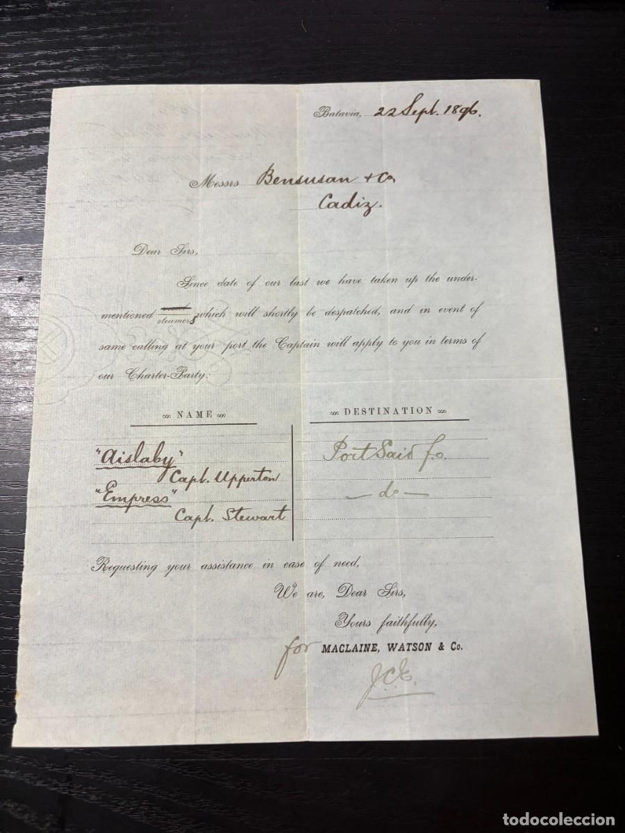 Cartas comerciales: CARTA COMERCIAL MACLAINE WATSON &ndash; VAPORES AISLABY Y EMPRESS &ndash; BATAVIA, INDONESIA &ndash; 1896