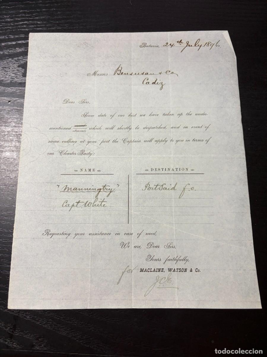 Cartas comerciales: CARTA COMERCIAL MACLAINE, WATSON & CO. &ndash; VAPOR MANNINGTRY &ndash; BATAVIA, INDONESIA &ndash; 1896
