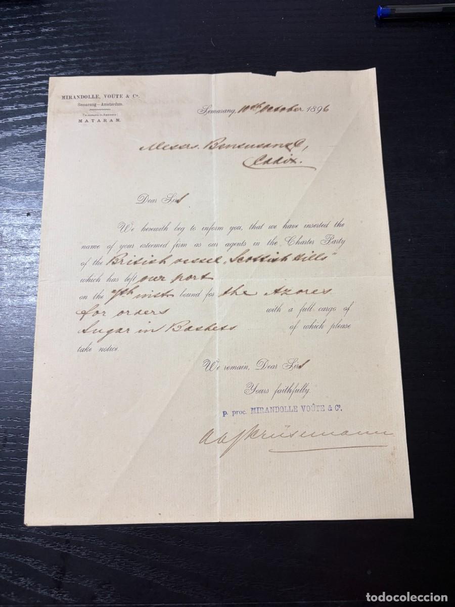 Cartas comerciales: CARTA COMERCIAL MIRANDOLLE VOUTE & CO. &ndash; BUQUE SCOTLAND HILLS &ndash; SEMARANG, INDONESIA &ndash; AZ&Uacute;CAR &ndash; 1896