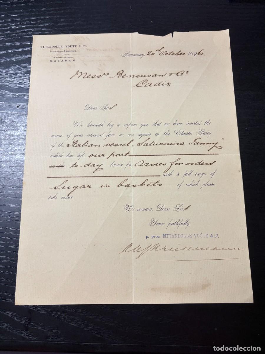 Cartas comerciales: CARTA COMERCIAL MIRANDOLLE VOUTE & CO. &ndash; BUQUE ITALIANO SATURNINA FANNY &ndash; SEMARANG &ndash; AZ&Uacute;CAR &ndash; 1896