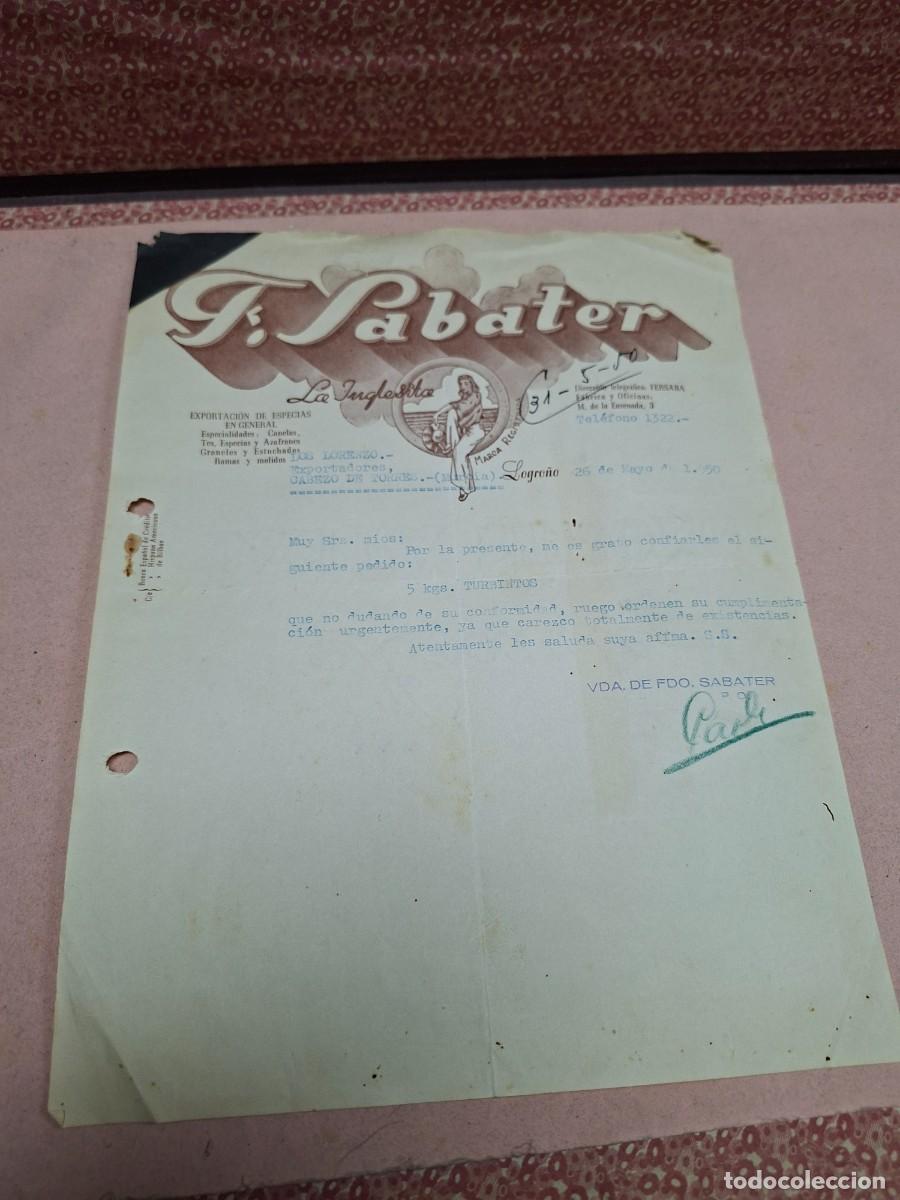 Cartas comerciales: ANTIGUA CARTA COMERCIAL SABATER LA INGLESITA ESPECIAS LOGRO&Ntilde;O LA RIOJA 1950