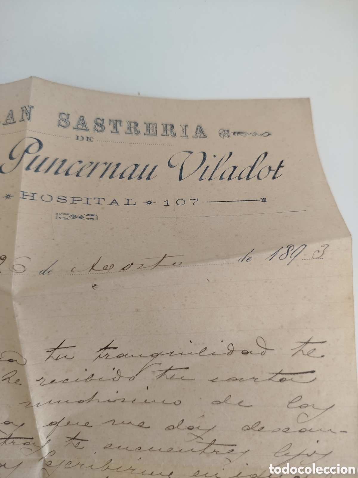 Cartas comerciales: Carta de 1893, con logotipo sastrer&iacute;a &rdquo;Ram&oacute;n Puncernau Viladot&rdquo;.