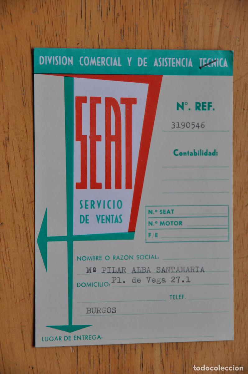 Cartas comerciales: TARJETA PARA LA ENTREGA DE UN SEAT 600 MODELO D, CON UN PRECIO BASE DE 63000 PESETAS (612 EUROS)