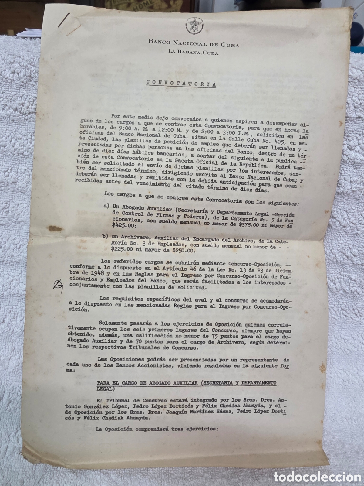 Cartas comerciales: CONVOCATORIA DE TRABAJO DEL BANCO NACIONAL DE CUBA 1957