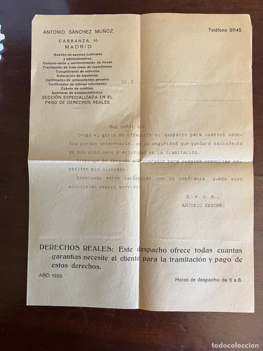 Cartas comerciales: ANTONIO S&Aacute;NCHEZ MU&Ntilde;OZ, ABOGADO, MADRID, CARTA PRESENTACI&Oacute;N SERVICIOS.1930