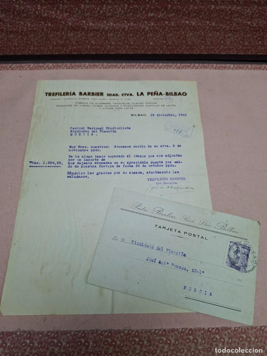 Cartas comerciales: ANTIGUA CARTA COMERCIAL Y TARJETA ENTERO PUBLICIDAD TREFILERIA BARBIER ALAMBRES HIERRO BILBAO 1942