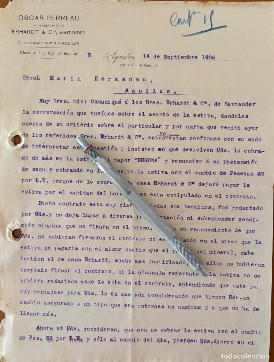 Cartas comerciales: AGUILAS- MURCIA- MINERIA- CARTA OSCAR PERREAU- 1906