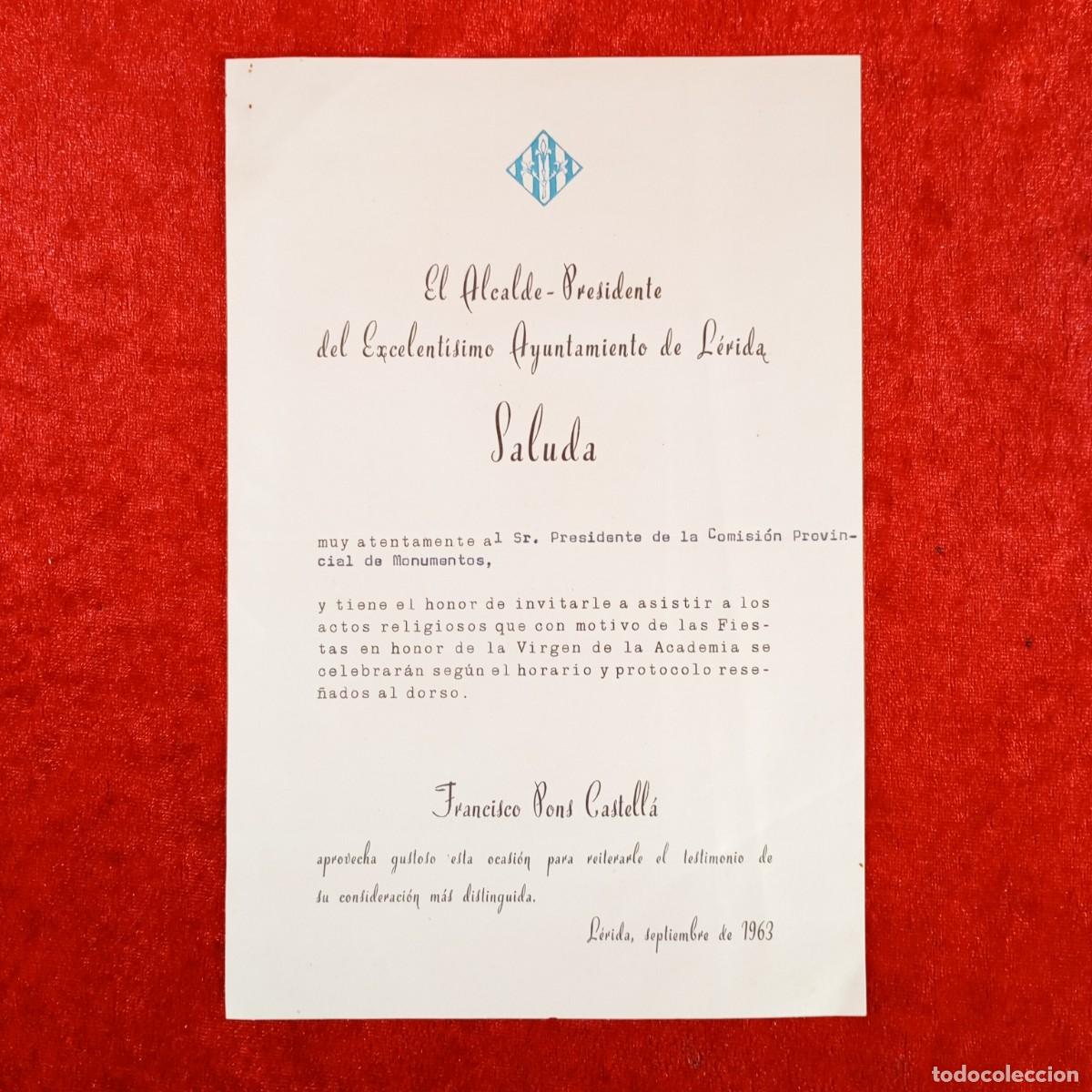 Cartas comerciales: CARTA DEL ALCALDE DEL AYUNTAMIENTO DE L&Eacute;RIDA - FRANCISCO PONS CASTELL&Aacute; - L&Eacute;RIDA 1963 / 604