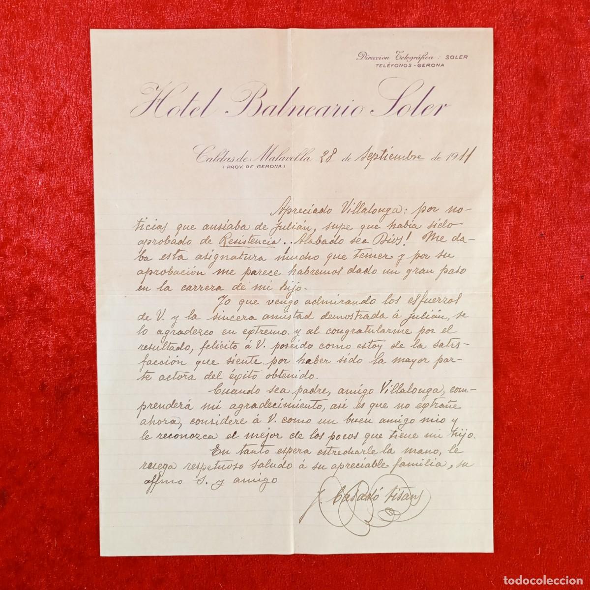 Cartas comerciales: HOTEL BALNEARIO SOLER - CALDAS DE MALAVELLA - 1911 - PROVINCIA DE GERONA - CARTA COMERCIAL / 780