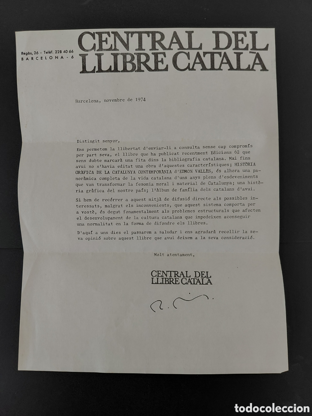 Cartas comerciales: CARTA DE LA CENTRAL DEL LLIBRE CATAL&Agrave; - ANY 1974