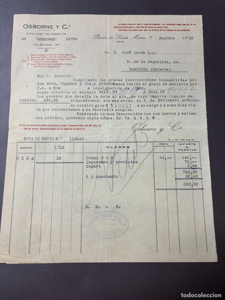 Cartas comerciales: CARTA COMERCIAL Y NOTA DE ENV&Iacute;O DE CO&Ntilde;AC. OSBORNE Y CIA. PUERTO SANTA MAR&Iacute;A, 1932