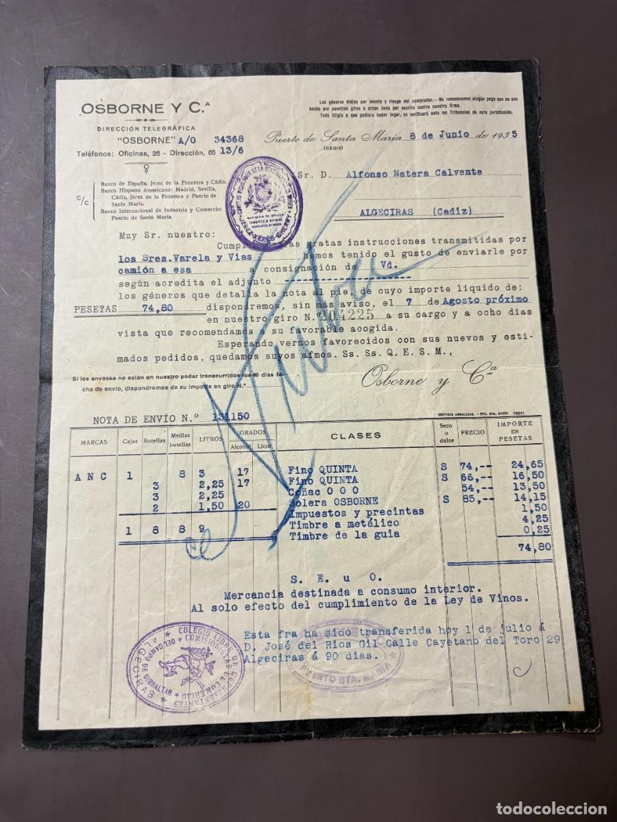 Cartas comerciales: CARTA COMERCIAL Y NOTA DE ENV&Iacute;O. OSBORNE Y CIA. PUERTO SANTA MAR&Iacute;A, 1935