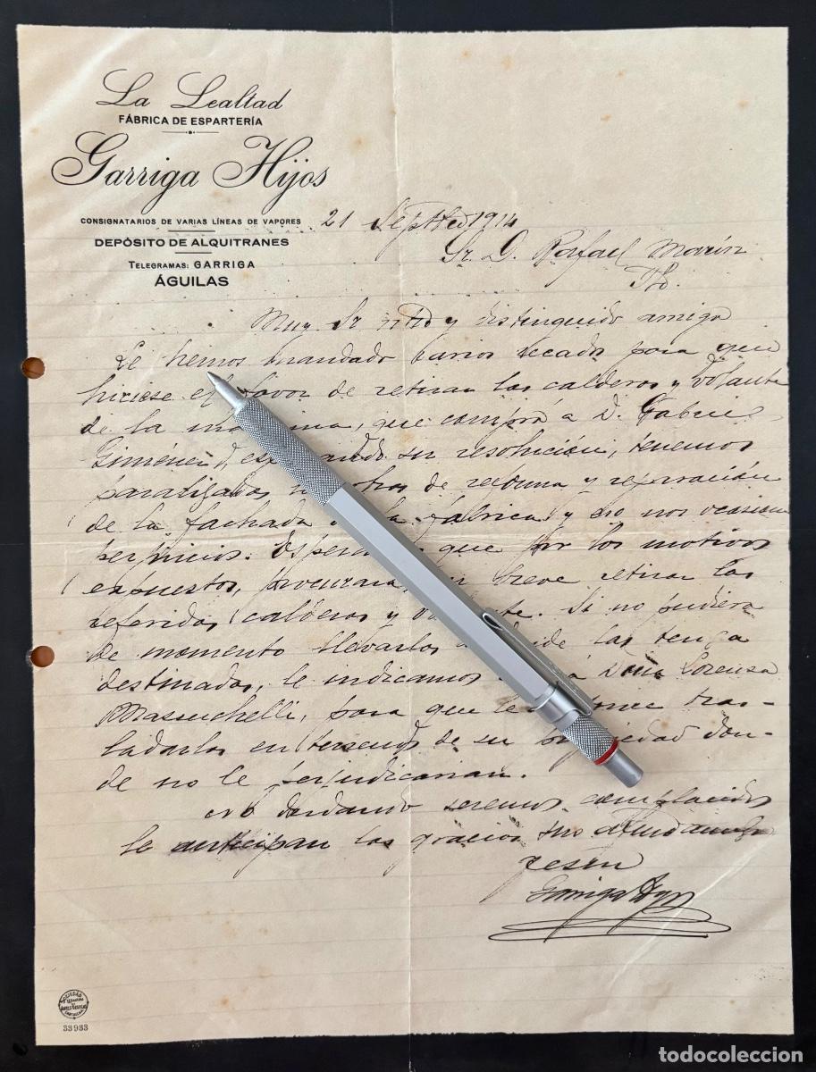 Cartas comerciales: AGUILAS- MURCIA- ESPARTO- LA LEALTAD - FABRICA GARRIGA E HIJOS- CARTA COMERCIAL- 1914