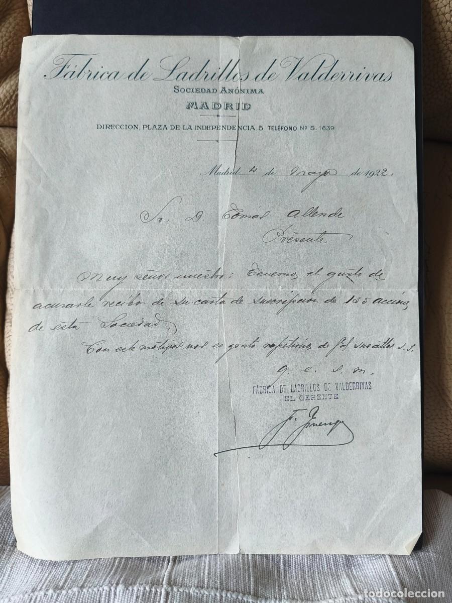 Cartas comerciales: F&Aacute;BRICA DE LADRILLOS DE VALDERRIVAS. MADRID 1922.