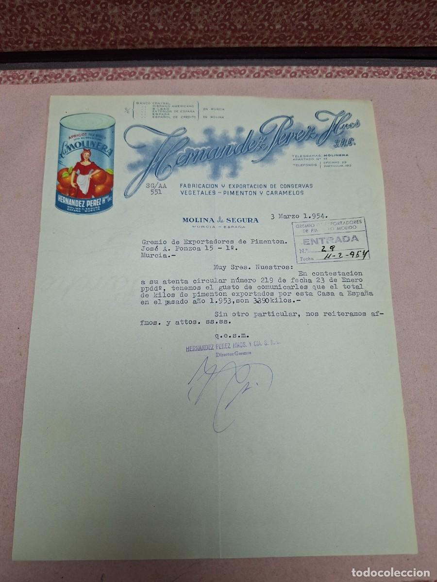 Cartas comerciales: ANTIGUA CARTA COMERCIAL CONSERVAS PIMENTON LA MOLINERA MOLINA DE SEGURA MURCIA 1954