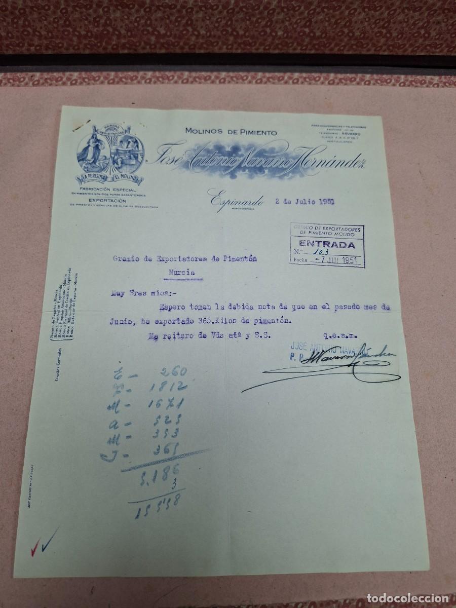 Cartas comerciales: ANTIGUA CARTA COMERCIAL PIMENTON ESPECIAS LA PURISIMA EL MOLINO NAVARRO HERNANDEZ ESPINARDO MURCIA