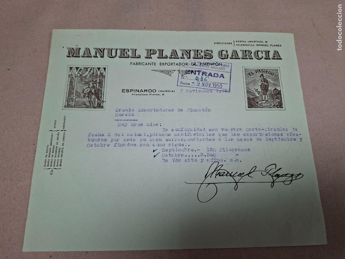 Cartas comerciales: ANTIGUA CARTA COMERCIAL PIMENTON PLANES GARCIA ESPINARDO MURCIA EL PASIEGO EL TROVADOR