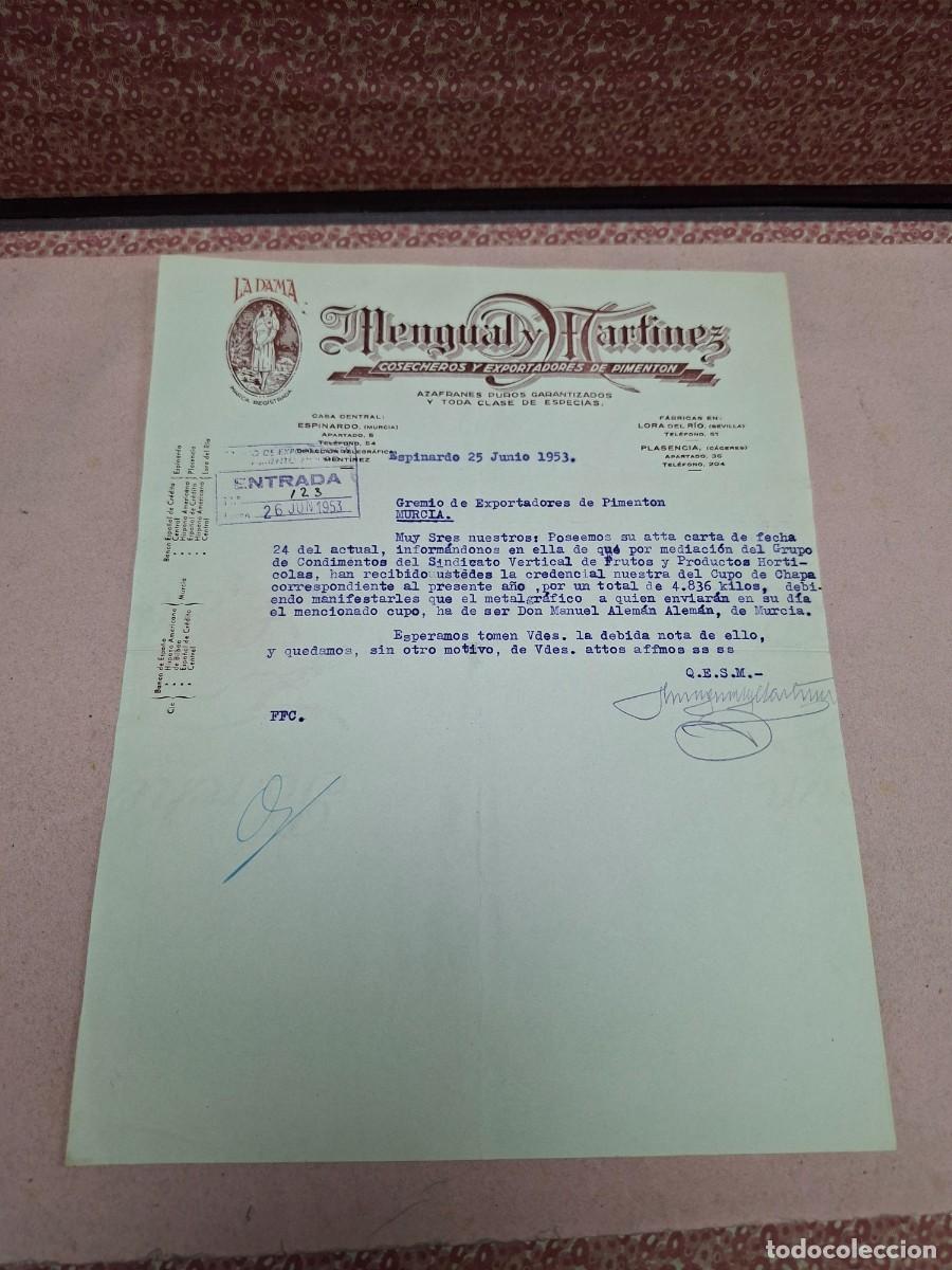 Cartas comerciales: ANTIGUA CARTA COMERCIAL PIMENTON ESPECIAS MENGUAL Y MARTINEZ LA DAMA ESPINARDO MURCIA 1953