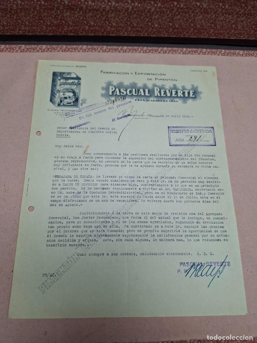 Cartas comerciales: ANTIGUA CARTA COMERCIAL PIMENTON ESPECIAS PASCUAL REVERTE ESPINARDO MUURCIA 1934