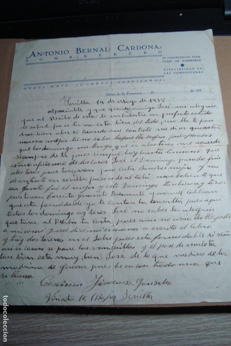 Cartas comerciales: ANTIGUA CARTA ANTONIO BERNAL CARDONA. SOMBRERERO JEREZ 1938. TAUROMAQUIA-GUERRA CIVIL