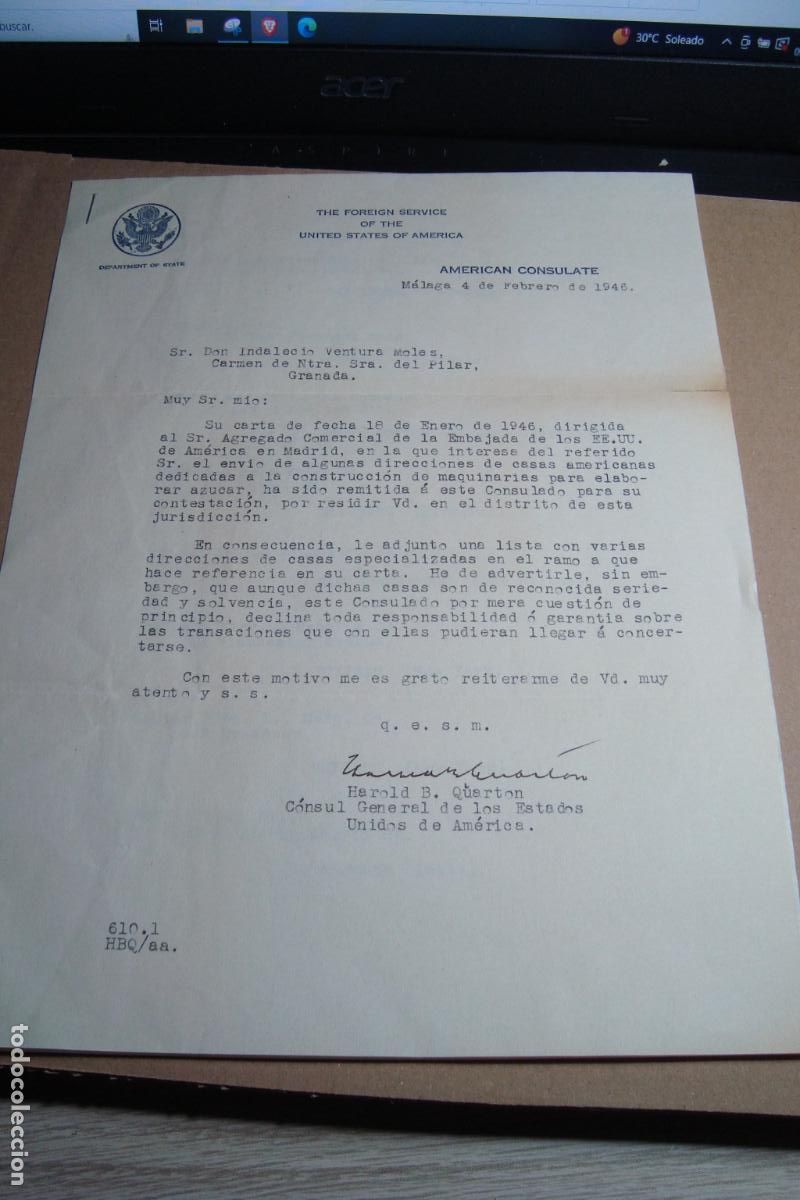 Cartas comerciales: ANTIGUA CARTA LETTER FOREIGN SERVICE UNITED STATES. AMERICAN CONSULATE MADRID 1946 HAROLD B. QUARTON