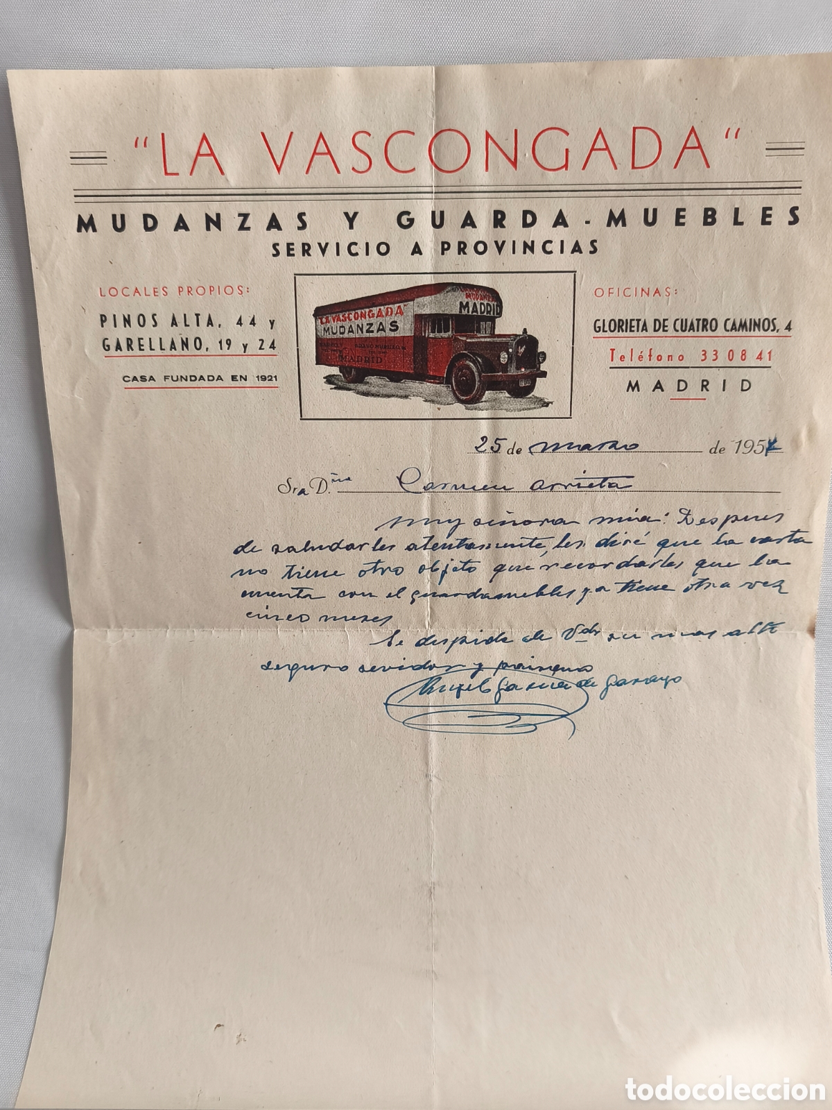 Cartas comerciales: MUDANZAS Y GUARDA MUEBLES LA VASCONGADA. MADRID 1957