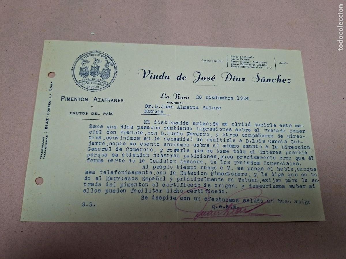Cartas comerciales: ANTIGUA CARTA COMERCIAL VIUDA DE DIAZ SANCHEZ PIMENTON AZAFRAN LA &Ntilde;ORA MURCIA 1934