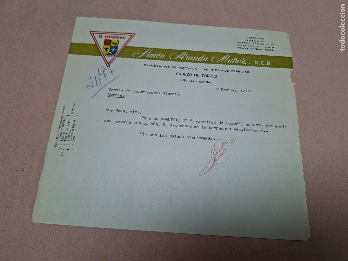 Cartas comerciales: ANTIGUA CARTA COMERCIAL ARANDA MU&Ntilde;OZ PIMENTON ESPECIAS EL TRIANGULO CABEZO DE TORRES MURCIA 1977