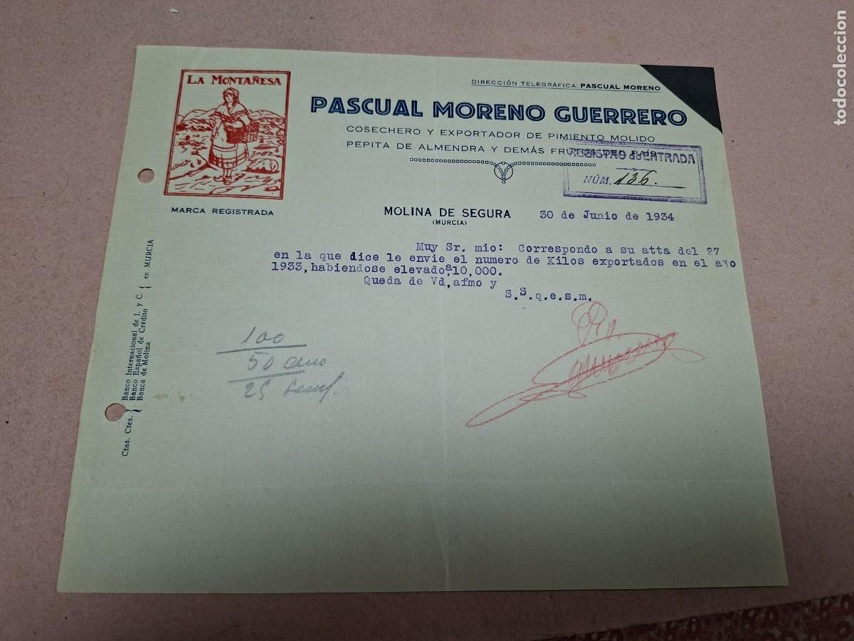 Cartas comerciales: ANTIGUA CARTA COMERCIAL LA MONTA&Ntilde;ESA MORENO GUERRERO PIMENTON MOLINA DE SEGURA MURCIA 1934