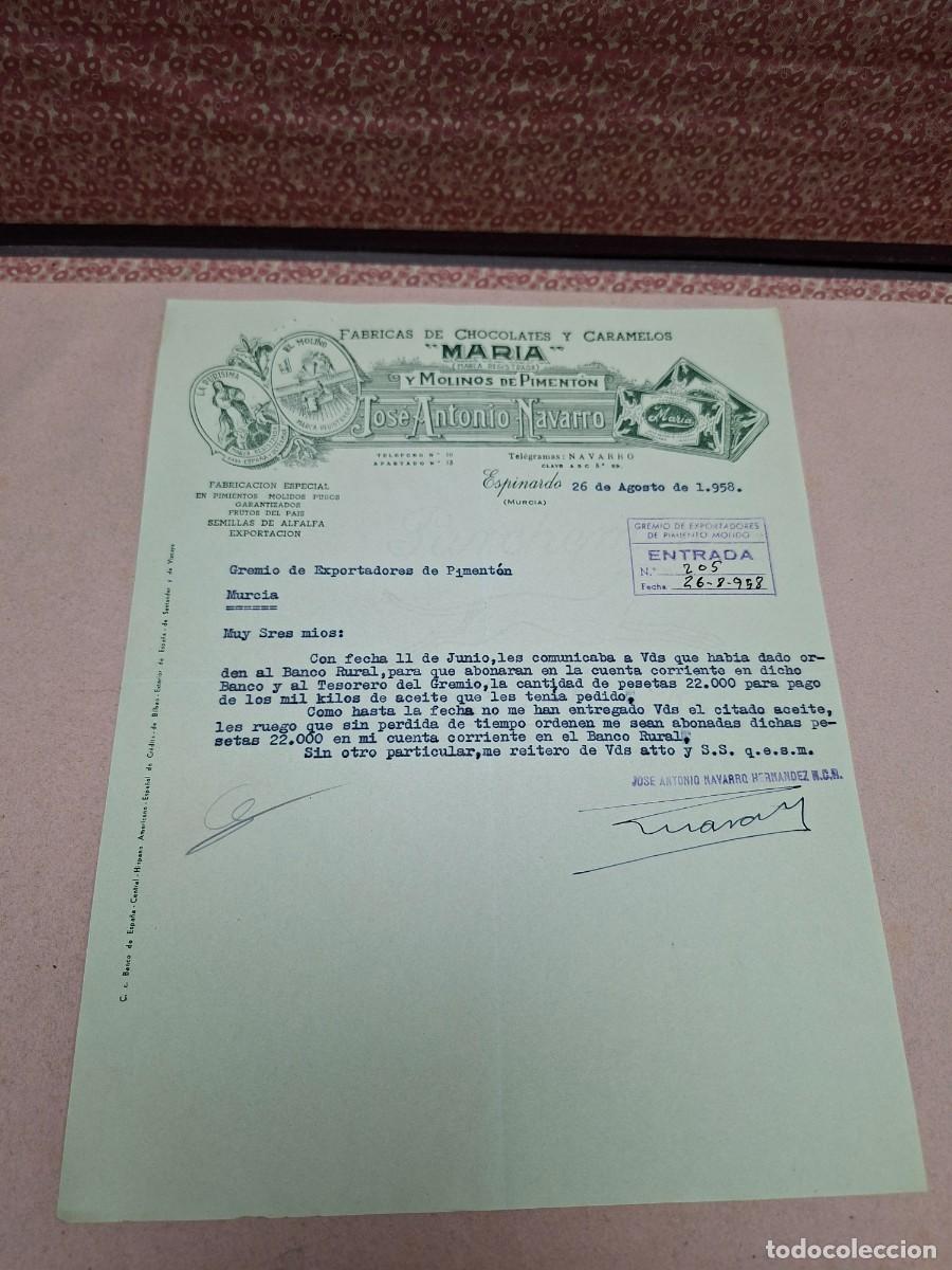 Cartas comerciales: ANTIGUA CARTA COMERCIAL CHOCOLATES CARAMELOS MARIA PIMENTON ESPINARDO MURCIA 1958