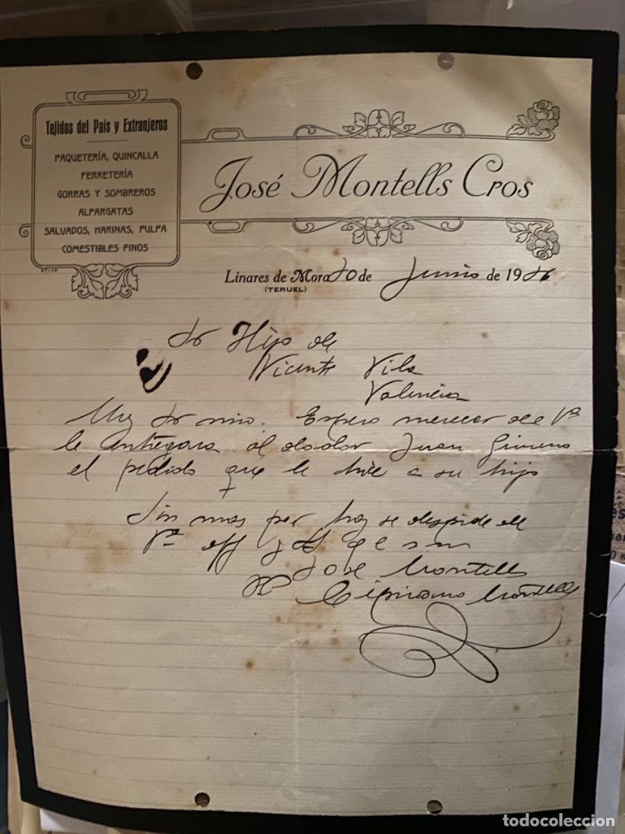 Cartas comerciales: ANTIGUA CARTA COMERCIAL JOSE MONTELLS CROS TEJIDOS LINARES DE MORA TERUEL