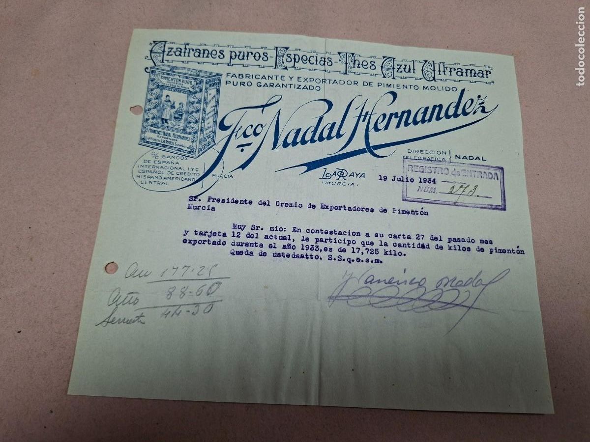 Cartas comerciales: ANTIGUA CARTA COMERCIAL PIMENTON AZAFRAN ESPECIAS NADAL LA RAYA MURCIA 1934