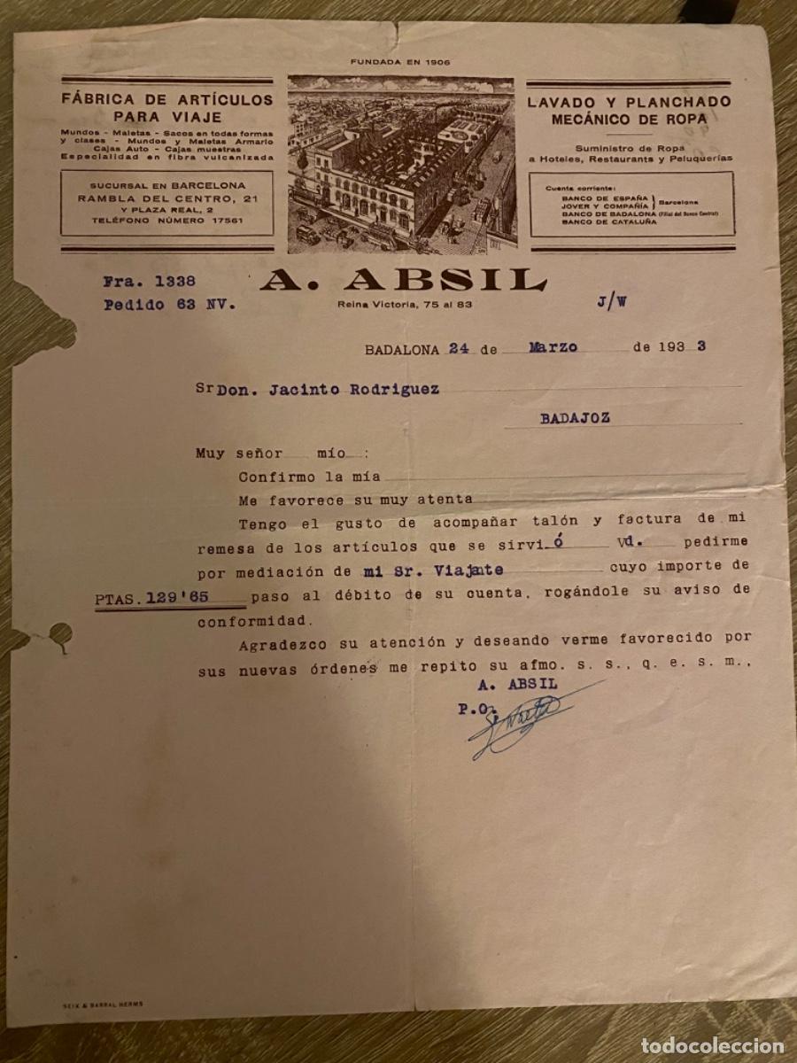 Cartas comerciales: ANTIGUA CARTA COMERCIAL A. ABSIL FABRICA ART&Iacute;CULOS VIAJE BADALONA 1933