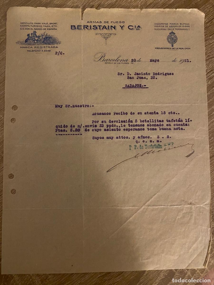 Cartas comerciales: ANTIGUA CARTA COMERCIAL BERISTAIN ARMAS DE FUEGO BARCELONA 1921