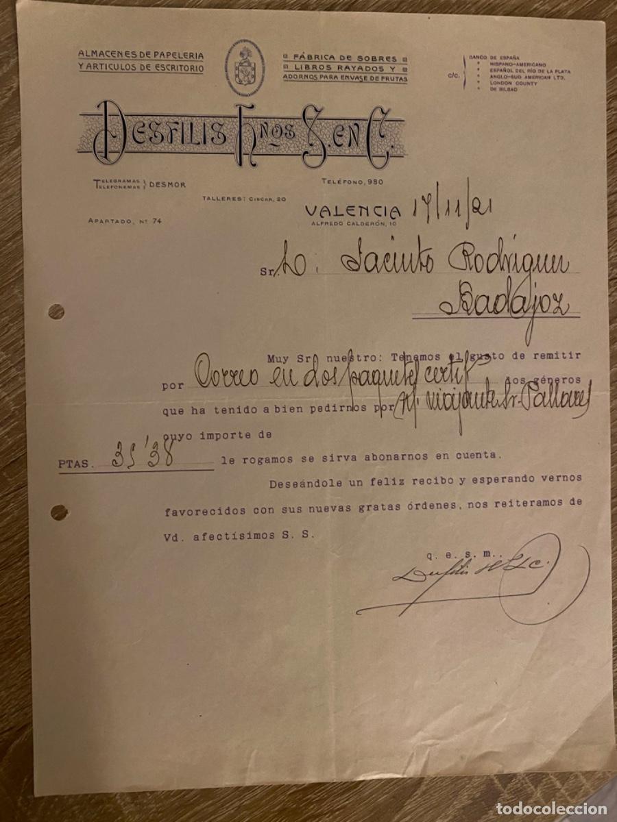 Cartas comerciales: ANTIGUA CARTA COMERCIAL DESFILIS HNOS VALENCIA ALMAC&Eacute;N PAPELER&Iacute;A VALENCIA 1921