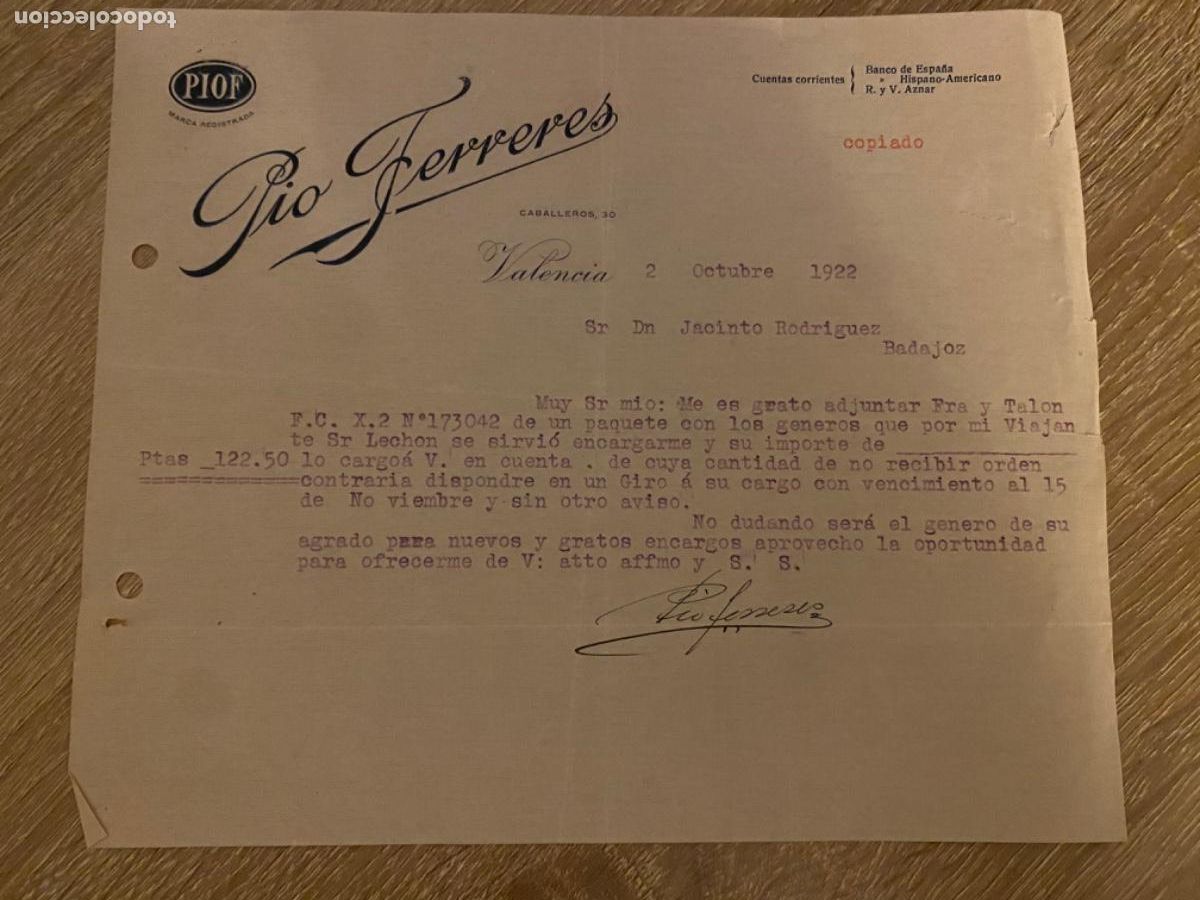 Cartas comerciales: ANTIGUA CARRA COMERCIAL PIOF PIO FERRERES VALENCIA 1922