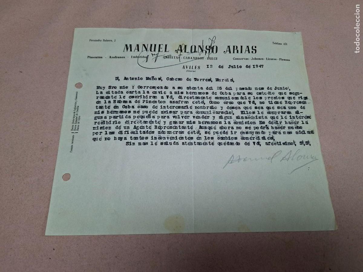 Cartas comerciales: ANTIGUA CARTA COMERCIAL GALLETAS CARAMELOS CONFITERIA ALONSO ARIAS AVILES ASTURIAS 1947