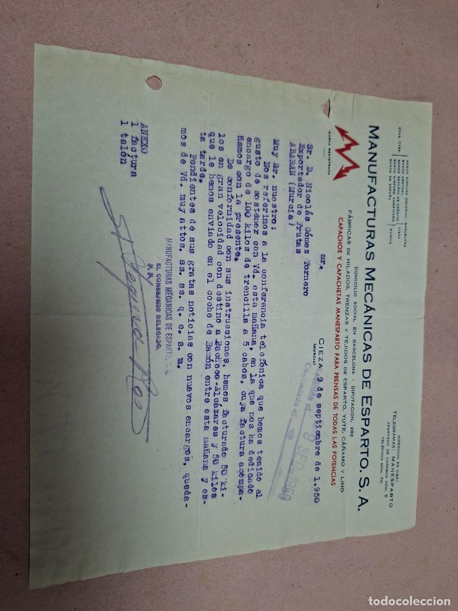 Cartas comerciales: ANTIGUA CARTA COMERCIAL MANUFACTURAS MECANICAS DE ESPARTO CIEZA MURCIA 1950