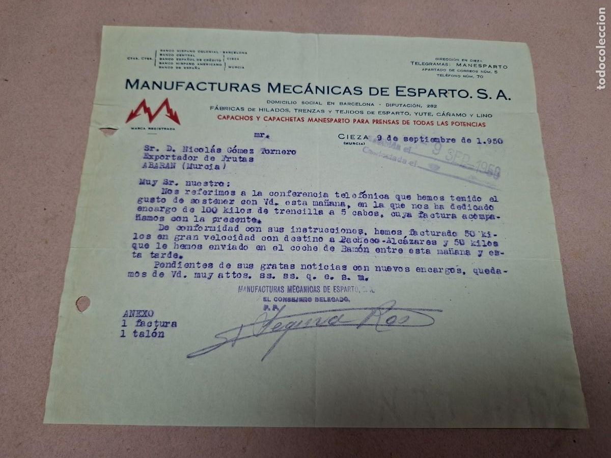 Cartas comerciales: ANTIGUA CARTA COMERCIAL MANUFACTURAS MECANICAS DE ESPARTO CIEZA MURCIA 1950