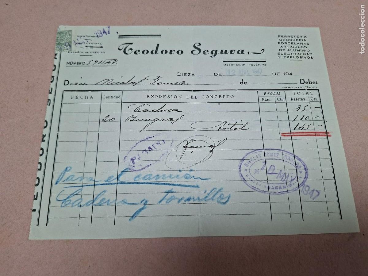 Cartas comerciales: ANTIGUA FACTURA TEODORO GARCIA FERRETERIA DROGUERIA CIEZA MURCIA 1947