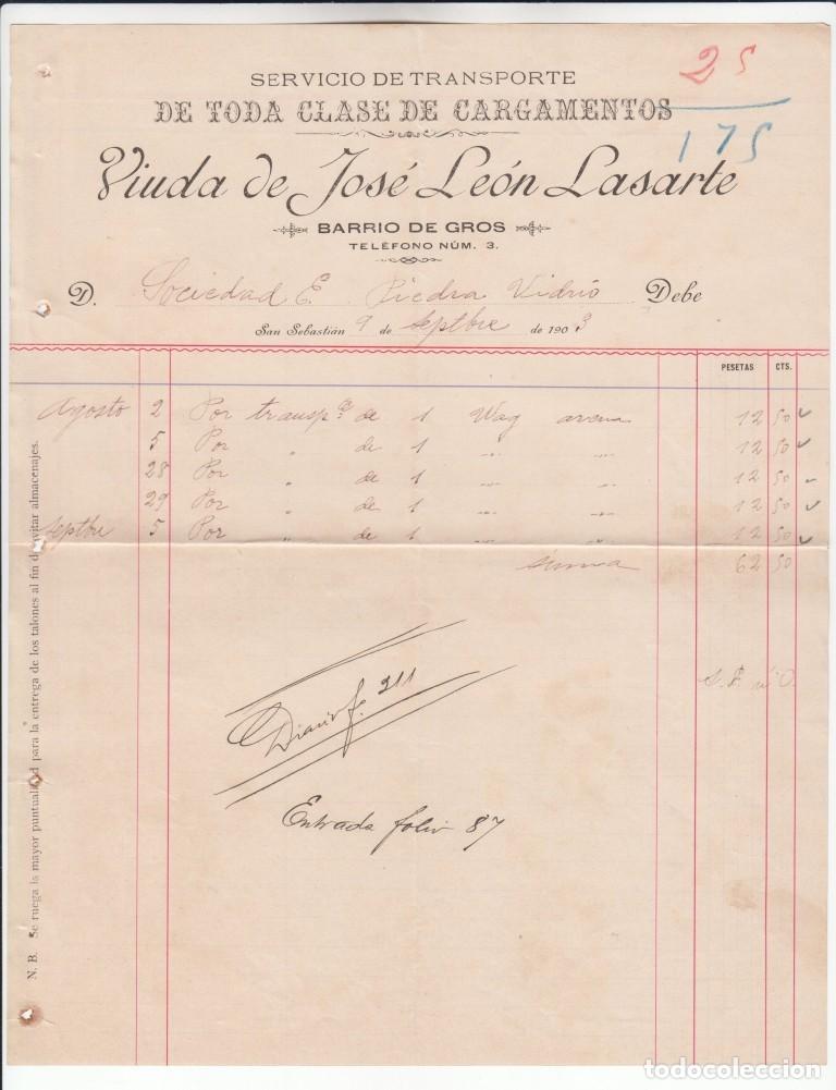 Cartas comerciales: Factura comercial servicio de transporte de toda clase de cargamentos Viuda de Jos&eacute; Le&oacute;n Sastre 1903