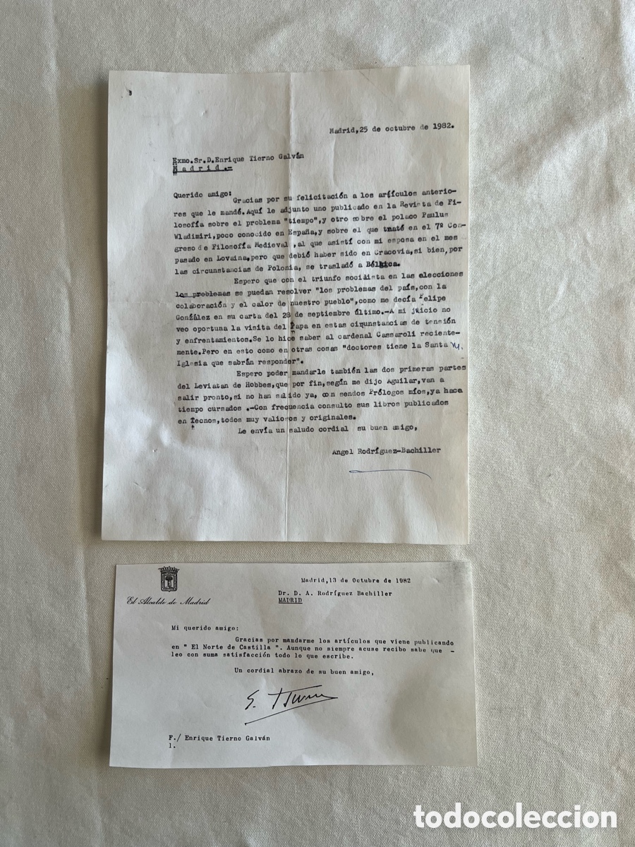 Cartas comerciales: ENRIQUE TIERNO GALV&Aacute;N carta firmada Alcalde Madrid + respuesta 1982