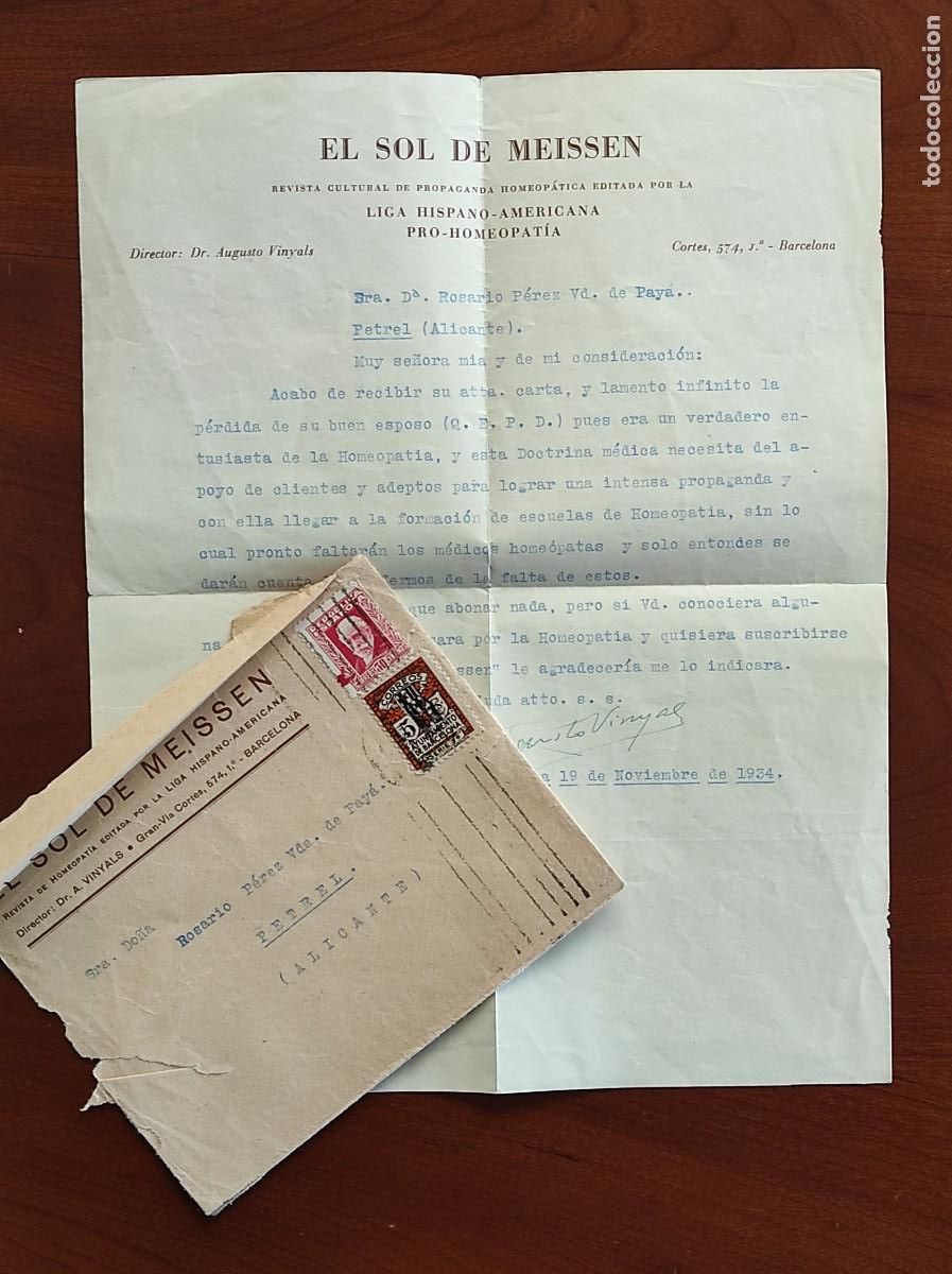 Cartas comerciales: BARCELONA A&Ntilde;O 1934 - SOBRE Y CARTA EL SOL DE MEISSEN, REVISTA HOMEOP&Aacute;TICA