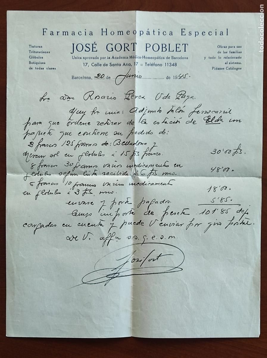 Cartas comerciales: BARCELONA A&Ntilde;O 1945 - CARTA JOS&Eacute; GORT POBLET, FARMACIA HOMEOP&Aacute;TICA ESPECIAL