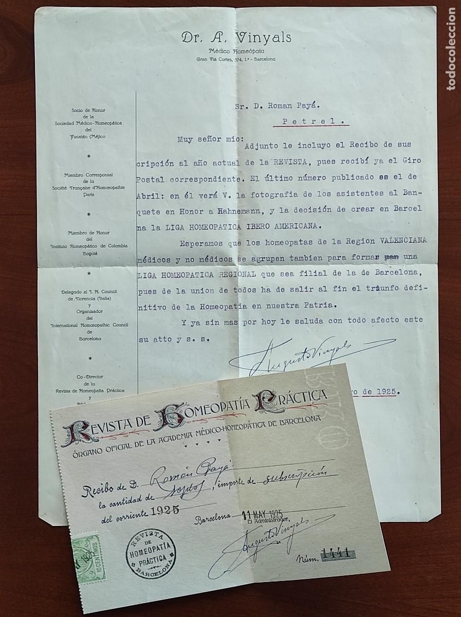 Cartas comerciales: BARCELONA A&Ntilde;O 1925 - CARTA M&Eacute;DICO HOMEOP&Aacute;TICO A. VINYALS Y RECIBO REVISTA HOMEOPAT&Iacute;A PR&Aacute;CTICA